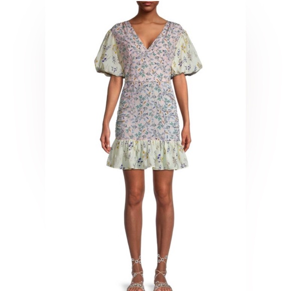 New! Lea & Viola Floral Puff-Sleeve Sheath Dress, v-neck, pink & cream, small - Picture 1 of 7